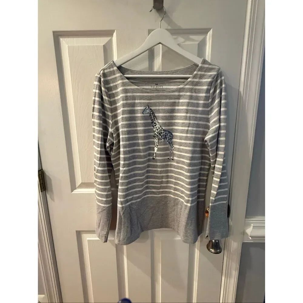 Talbots Gray & White Stripe Sequin Giraffe Top sz L EUC